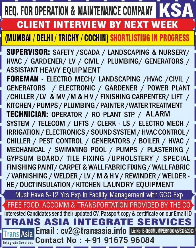 Urgent Requirement For KSA