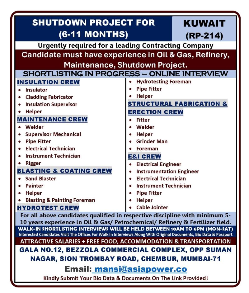 Urgent Requirement For Kuwait