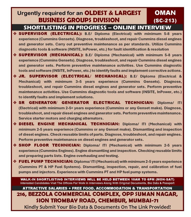 Urgent Requirement For Oman