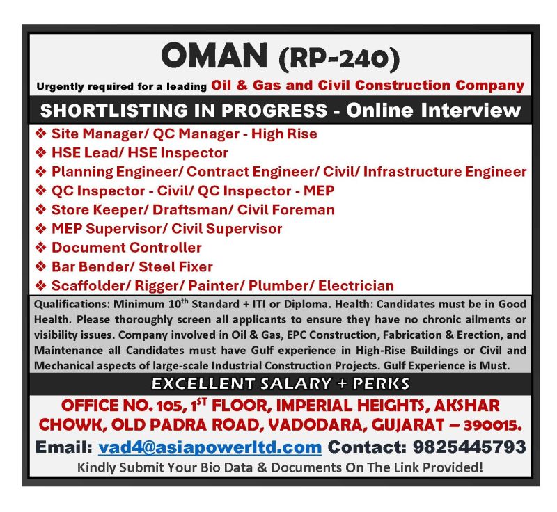 Urgent Requirement For Oman