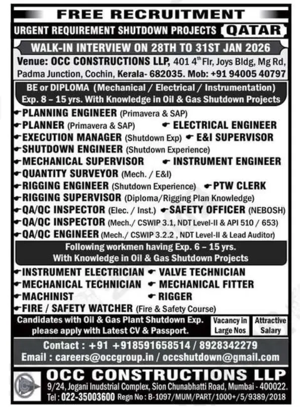 Urgent Requirement For Qatar