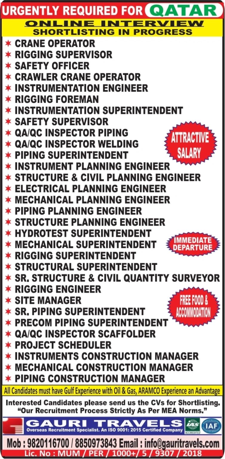 Urgent Requirement For Qatar