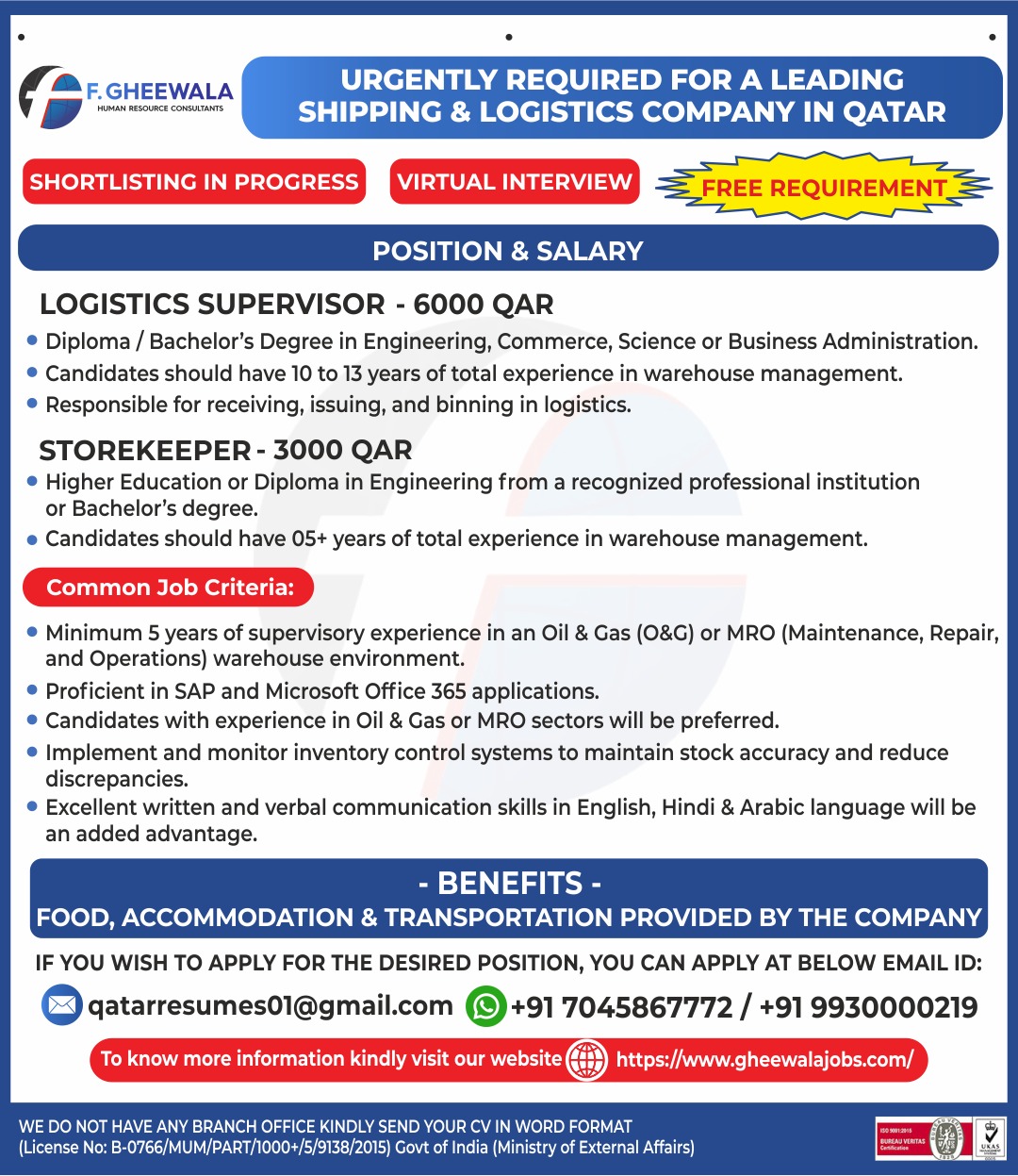 Urgent Requirement For Qatar