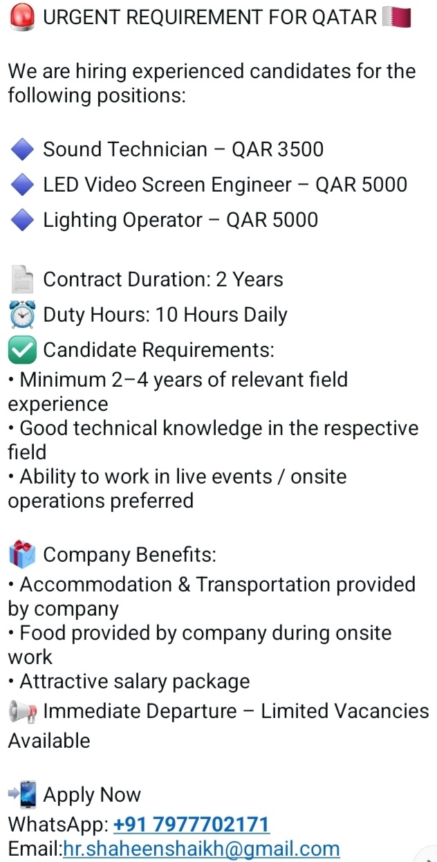 Urgent Requirement For Qatar