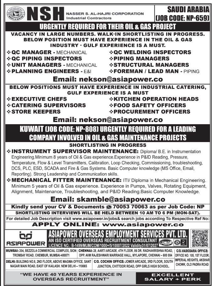 Urgent Requirement for Saudi Arabia & Kuwait