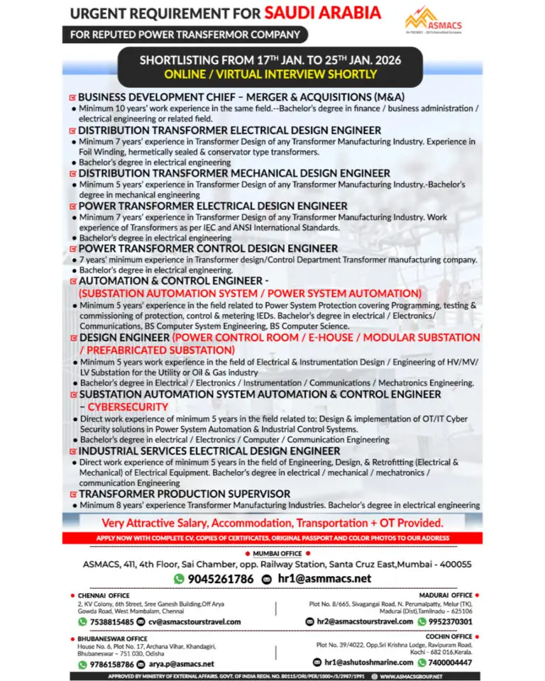 Urgent Requirement For Saudi Arabia