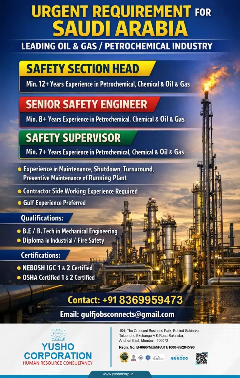 Urgent Requirement For Saudi Arabia