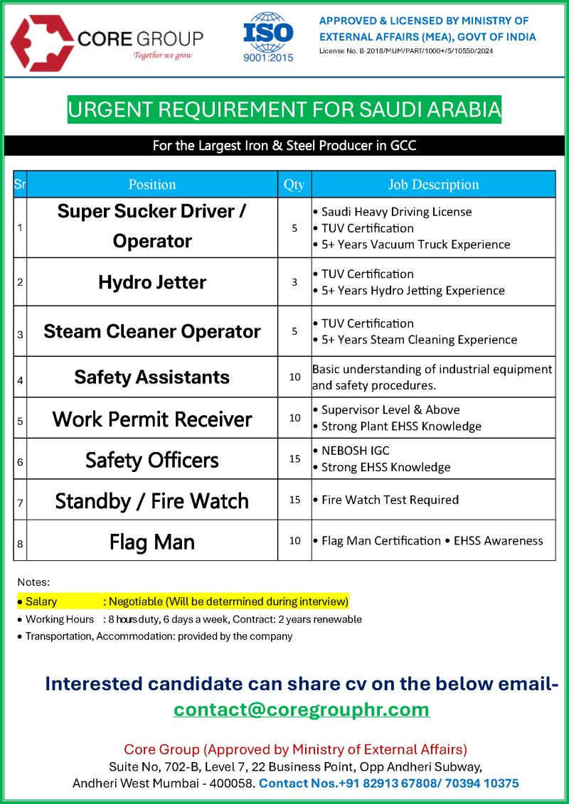 Urgent Requirement For Saudi Arabia