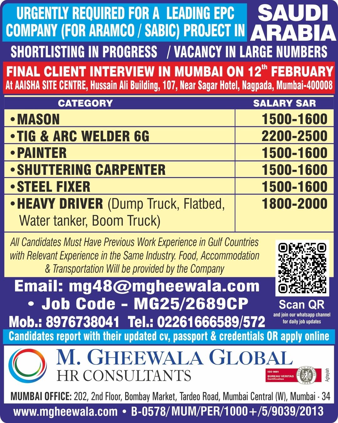 Urgent Requirement For Saudi Arabia