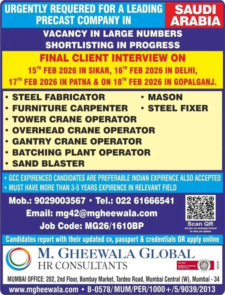 Urgent Requirement For Saudi Arabia