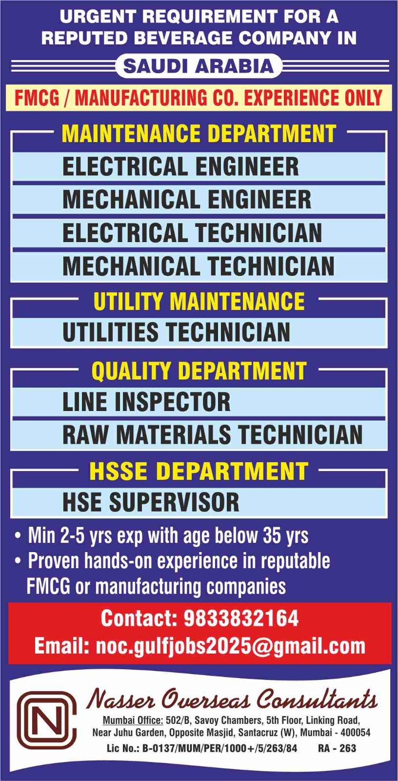 Urgent Requirement For Saudi Arabia