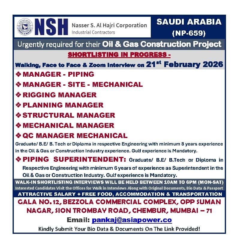 Urgent Requirement For Saudi Arabia
