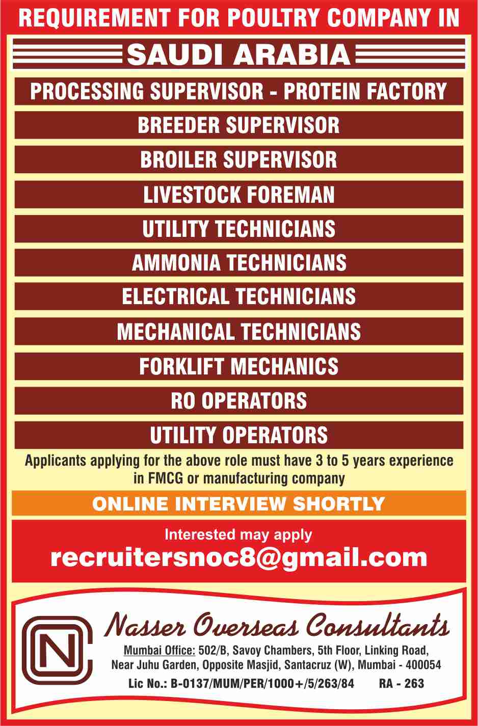 Urgent Requirement For Saudi Arabia