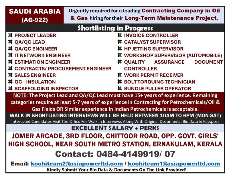 Urgent Requirement For Saudi Arabia