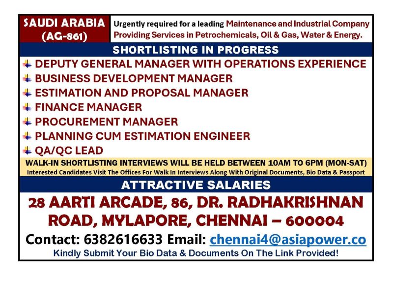 Urgent Requirement For Saudi Arabia