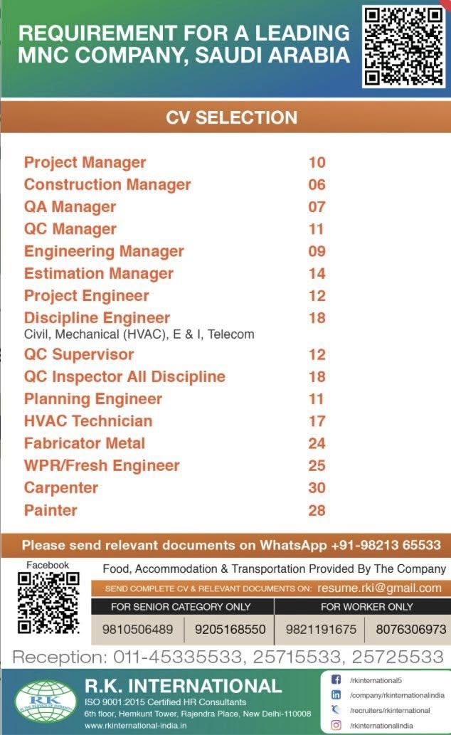 Urgent Requirement For Saudi Arabia