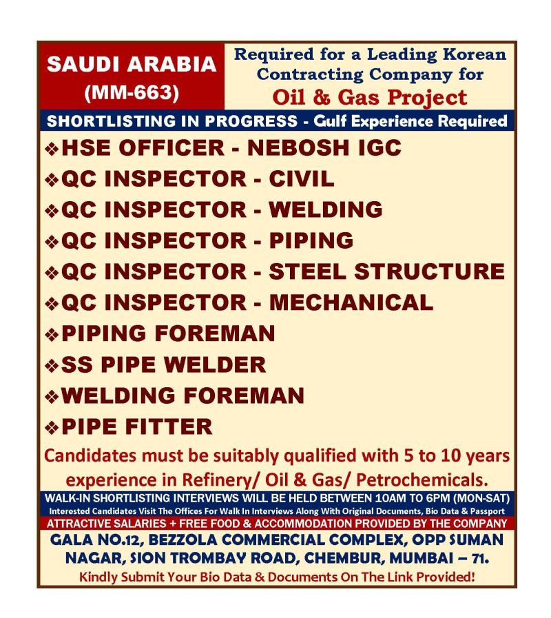 Urgent Requirement For Saudi Arabia