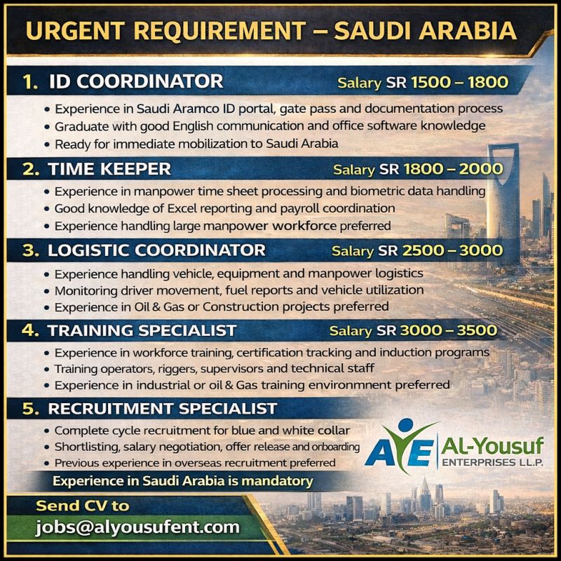 Urgent Requirement For Saudi Arabia