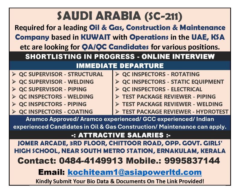 Urgent Requirement For Saudi Arabia