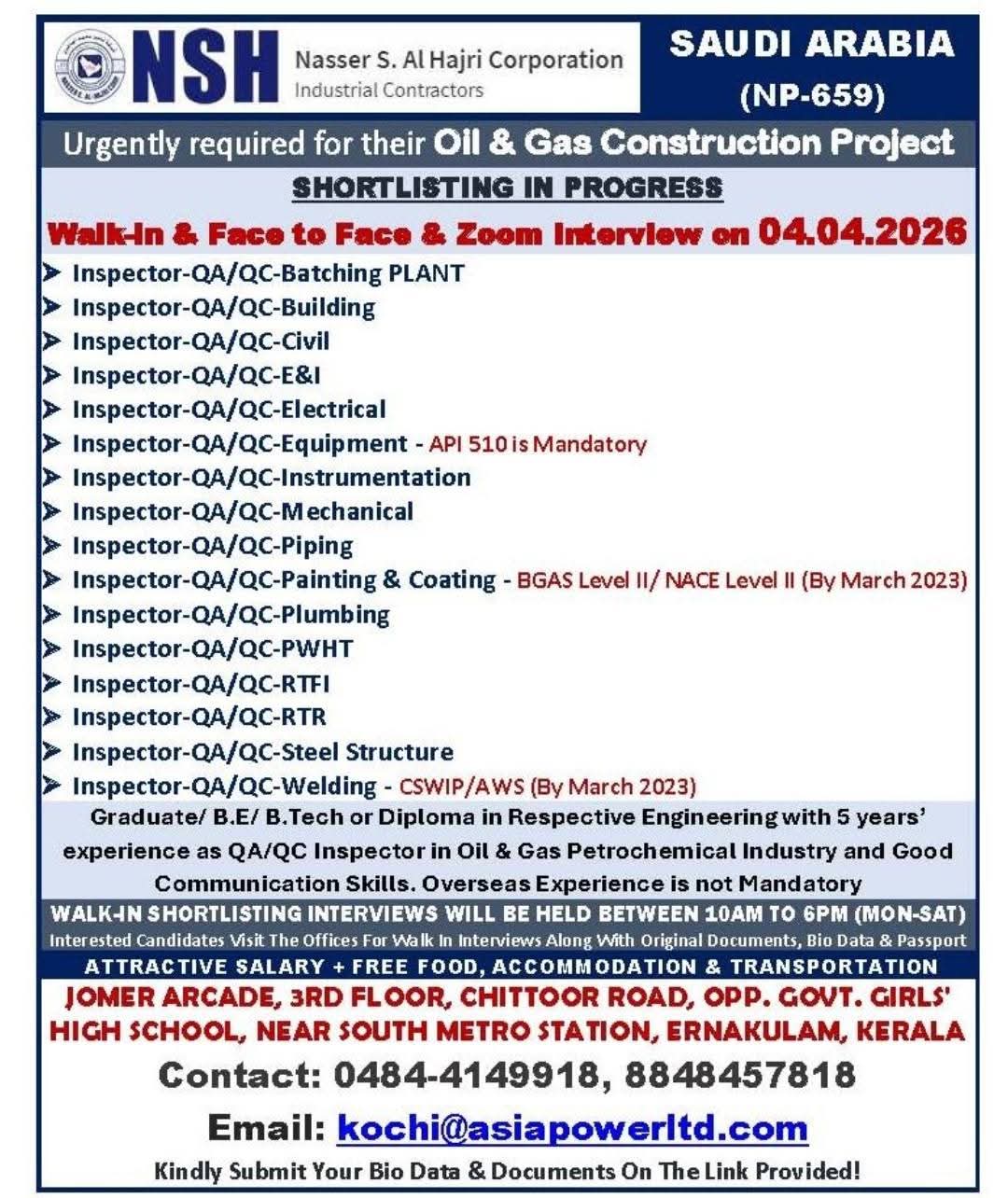 Urgent Requirement For Saudi Arabia