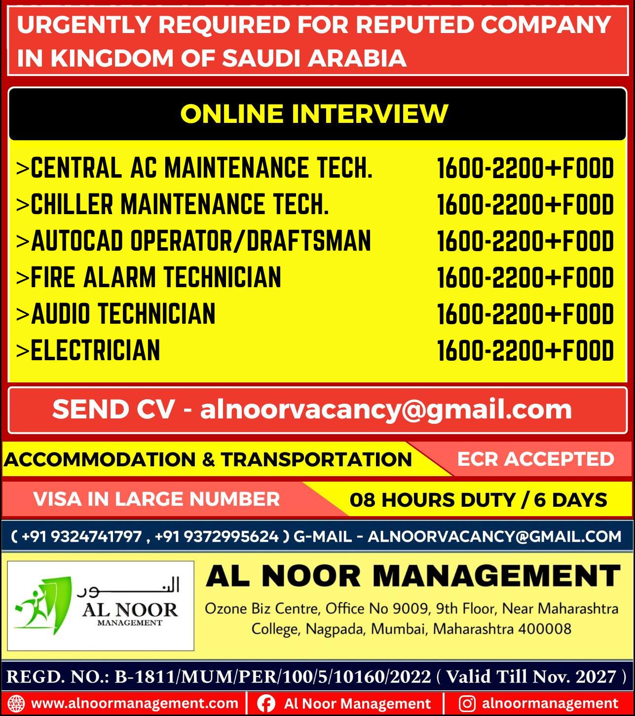 Urgent Requirement For Saudi Arabia