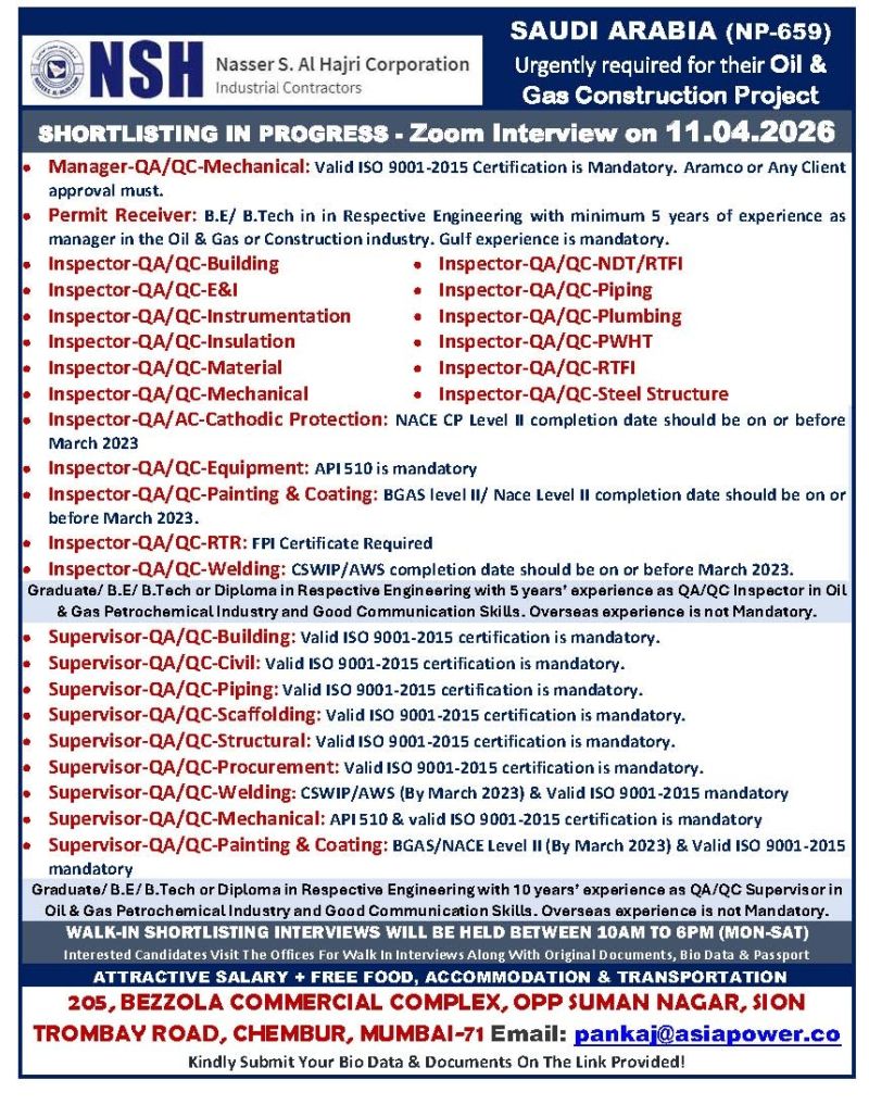 Urgent Requirement For Saudi Arabia