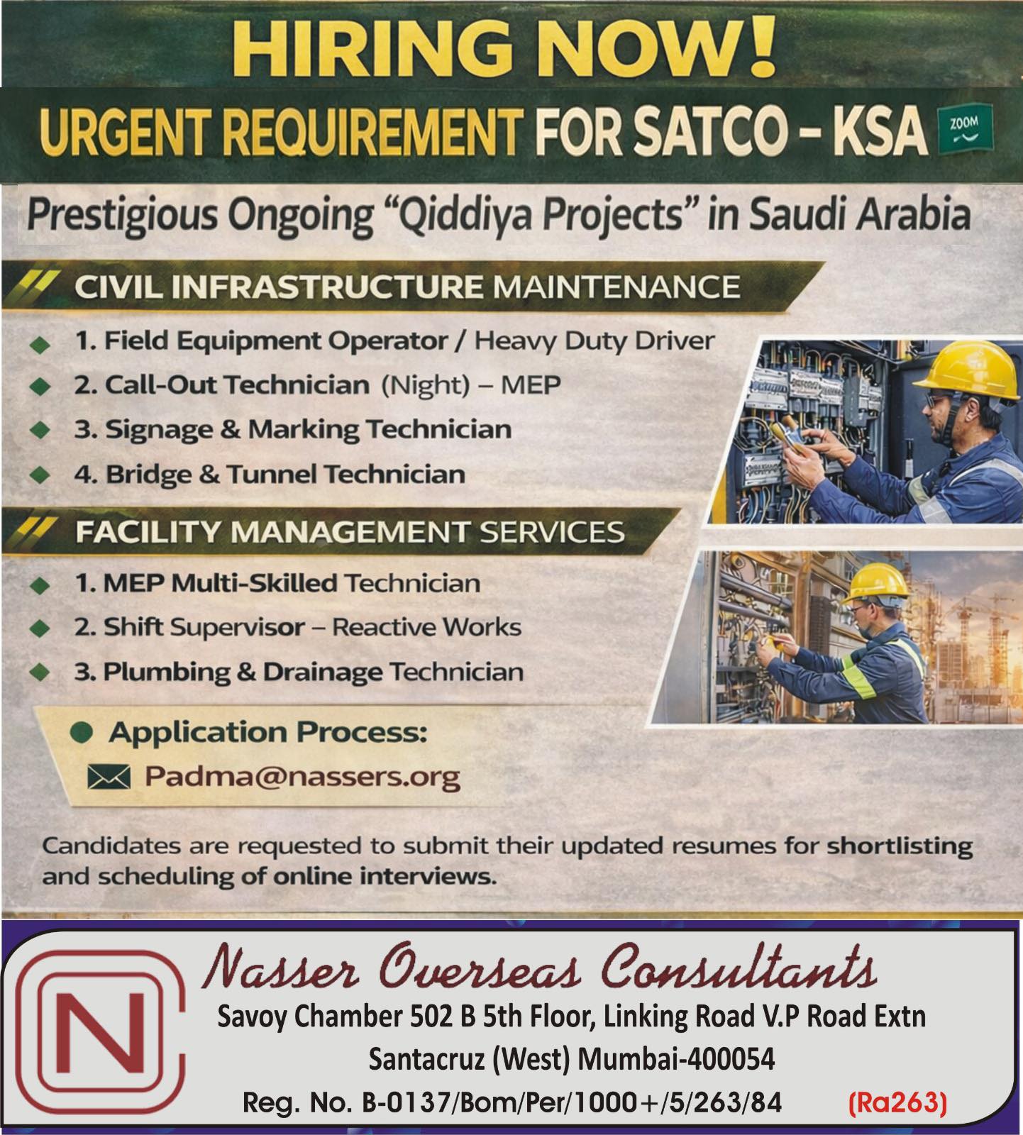 Urgent Requirement For Saudi Arabia
