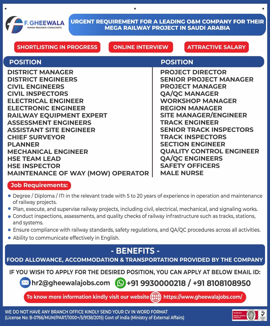 Urgent Requirement For Saudi Arabia