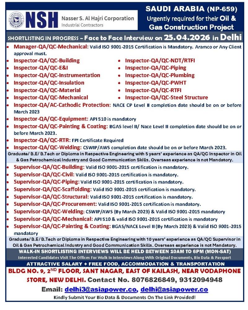 Urgent Requirement For Saudi Arabia