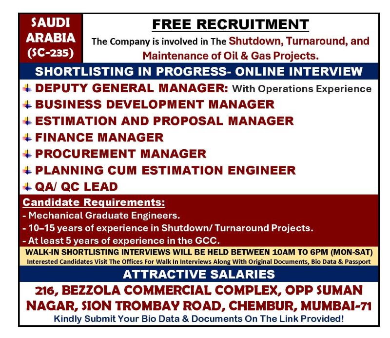 Urgent Requirement For Saudi Arabia
