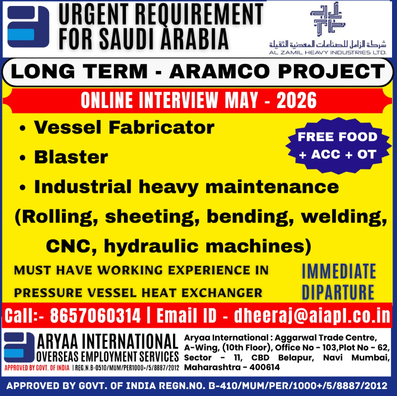Urgent Requirement For Saudi Arabia
