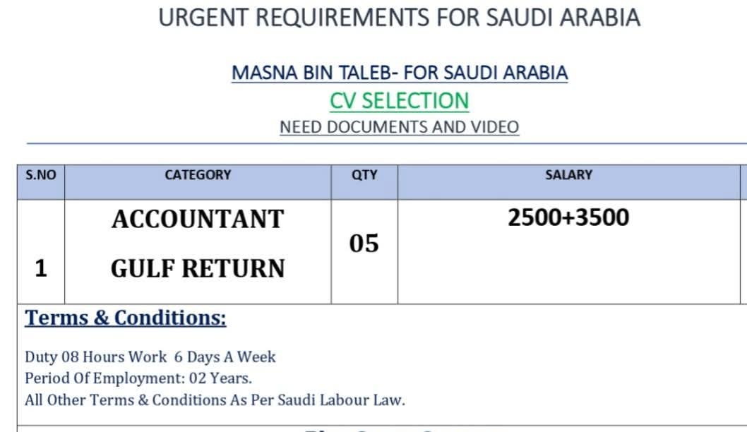 Urgent Requirement For Saudi Arabia