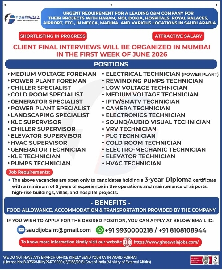Urgent Requirement For Saudi Arabia