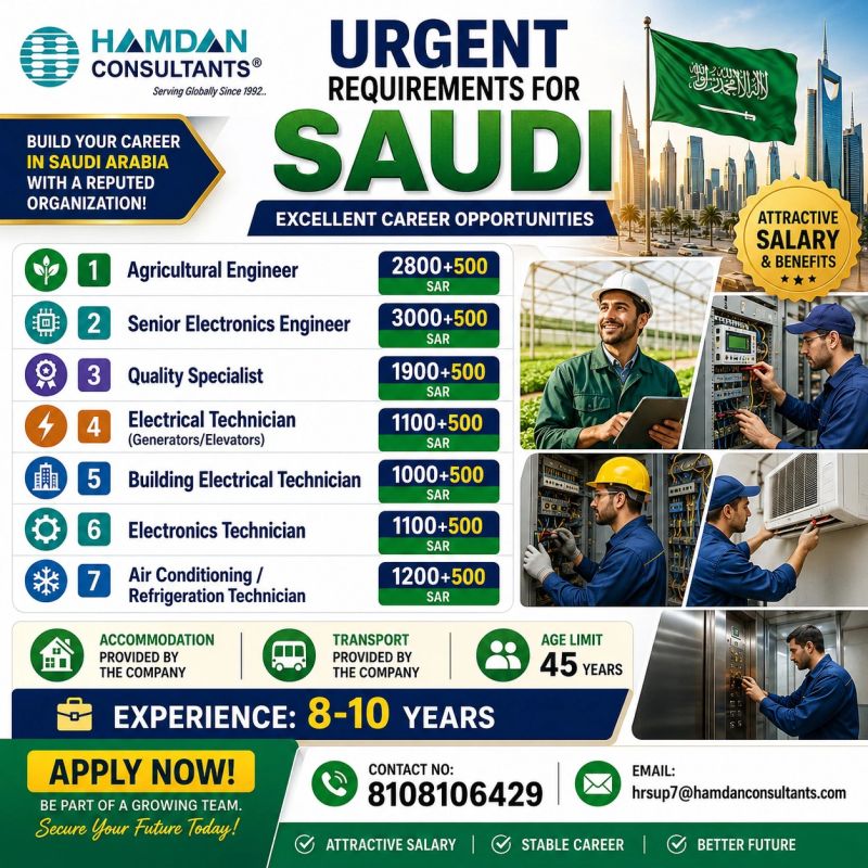 Urgent Requirement For Saudi Arabia