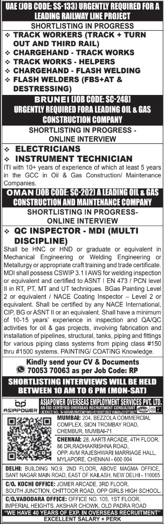 Urgent Requirement for UAE, Brunei & Oman