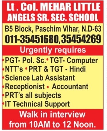 Urgent Staff Recruitment by Lt. Col. Mehar Little Angels School
