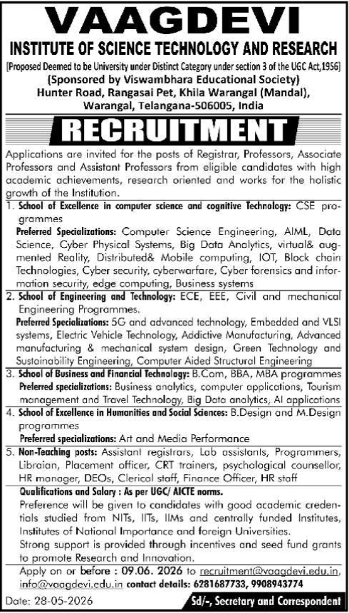 Vaagdevi Institute Academic & Non-Teaching Recruitment