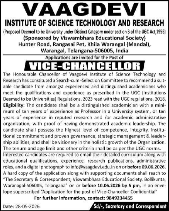 Vaagdevi Institute Vice-Chancellor Recruitment