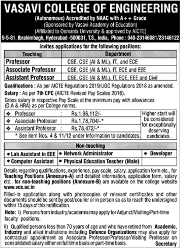 Vasavi College of Engineering is Hiring For Teaching & Non Teaching Positions