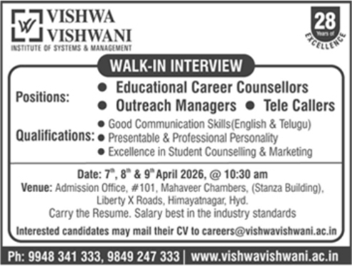 Vishwa Vishwani Institute is hiring for various positions