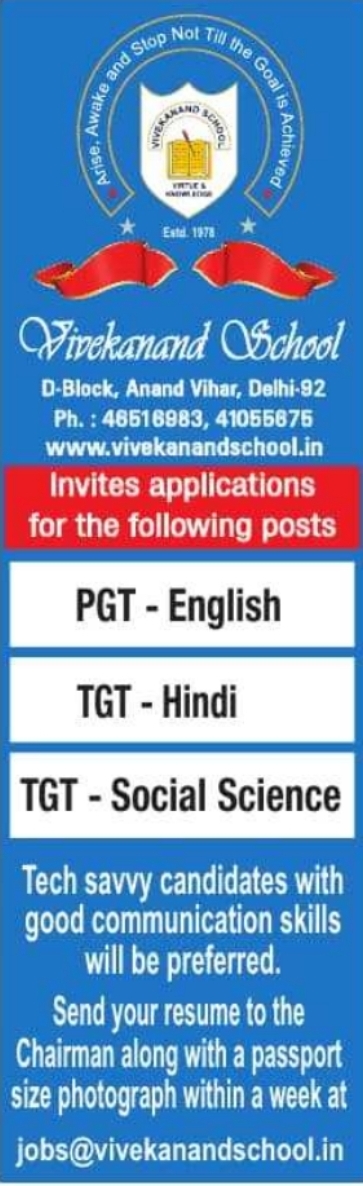 Vivekanand School Delhi Recruitment: Vacancies for PGT & TGT Faculty Roles