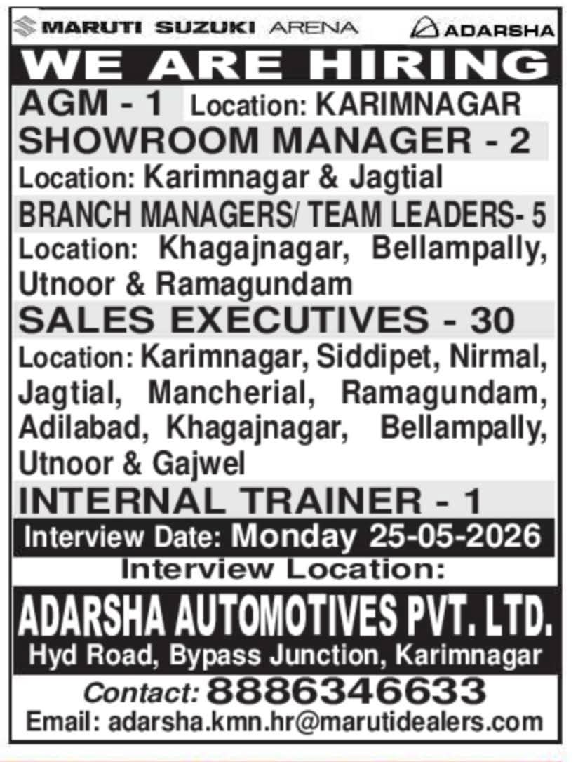 Walk-In Drive: Adarsha Automotives Recruitment