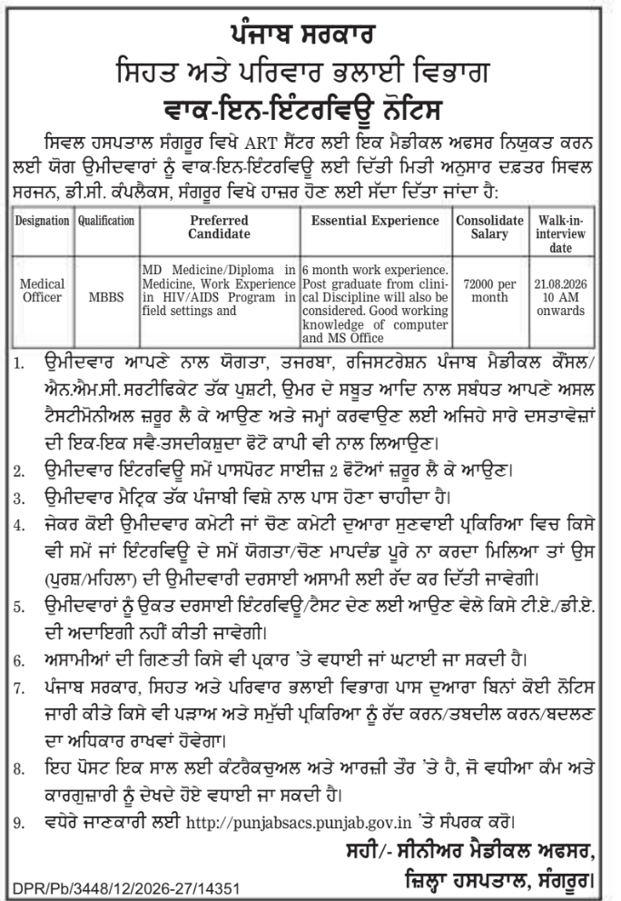 Walk-In Interview for ART Center Medical Officer by Civil Hospital