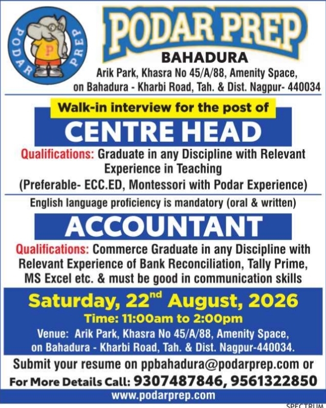 Walk-In Interview for Centre Head and Accountant by Podar Prep