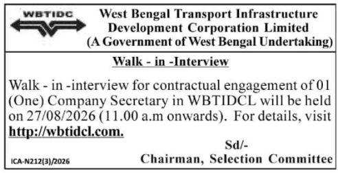 Walk-in Interview for Company Secretary Post at WBTIDCL