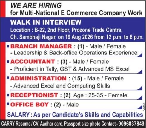 Walk-In Interview for Multiple E-Commerce Project Profiles at Ch. Sambhaji Nagar
