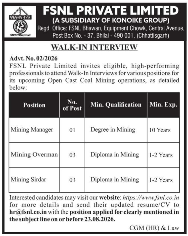 Walk-In Interview for Open Cast Coal Mining Positions by FSNL