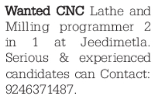 Wanted CNC Lathe and Milling 2-in-1 Programmer in Jeedimetla