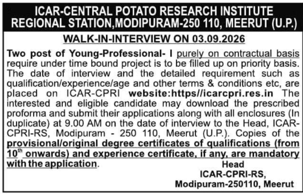 Young Professional Contractual Recruitment by ICAR-CPRI Meerut