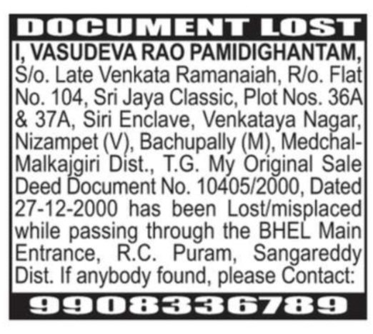 LOST OF DOCUMENTS